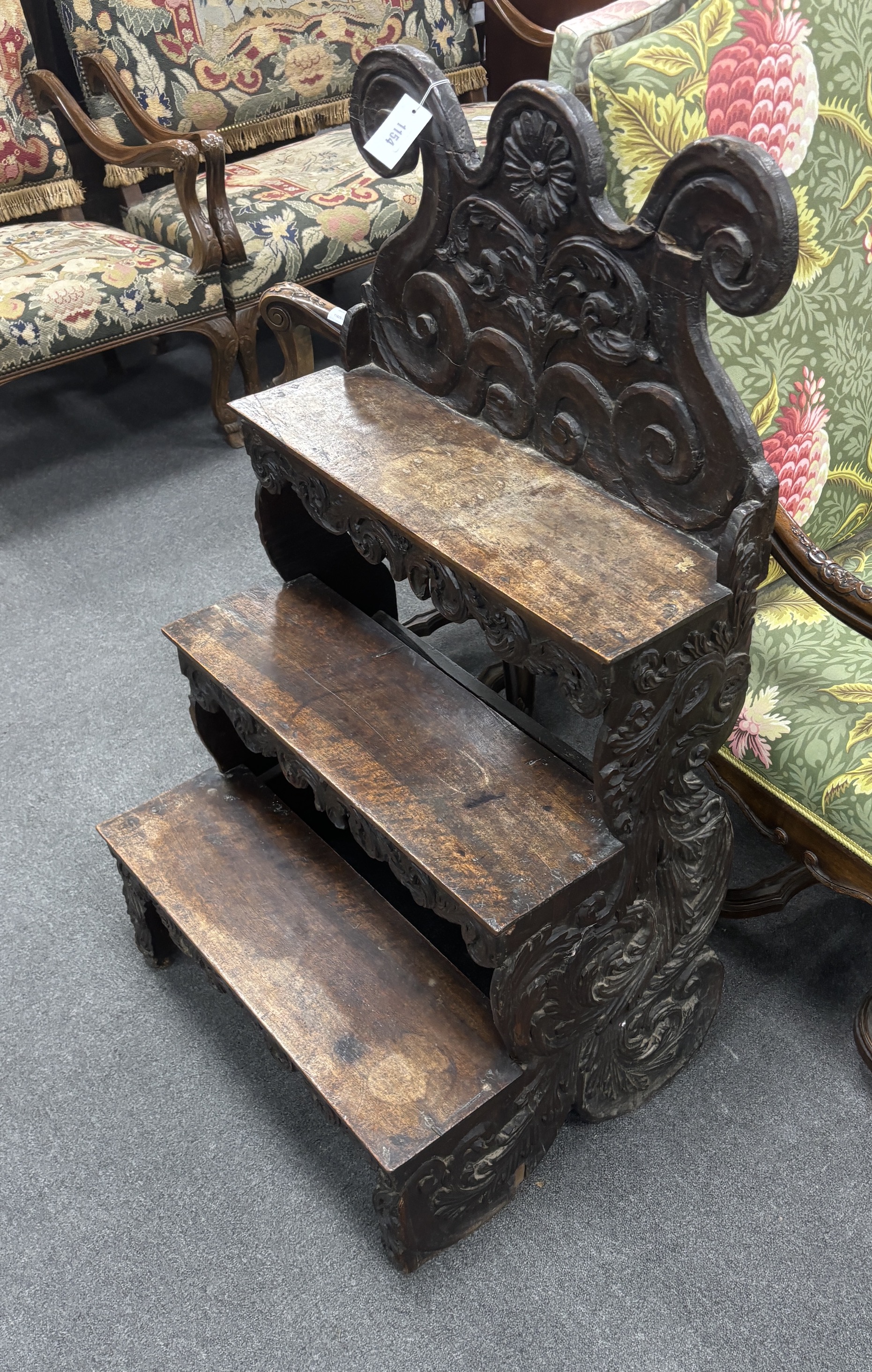 A set of 17th century French carved walnut steps, width 65cm, depth 50cm, height 108cm